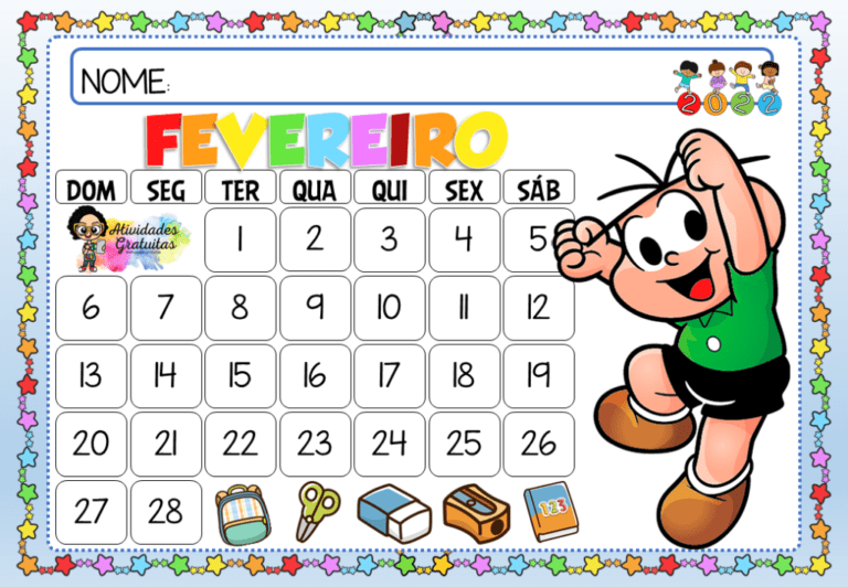 calendario com ilustracoes coloridas e atividades