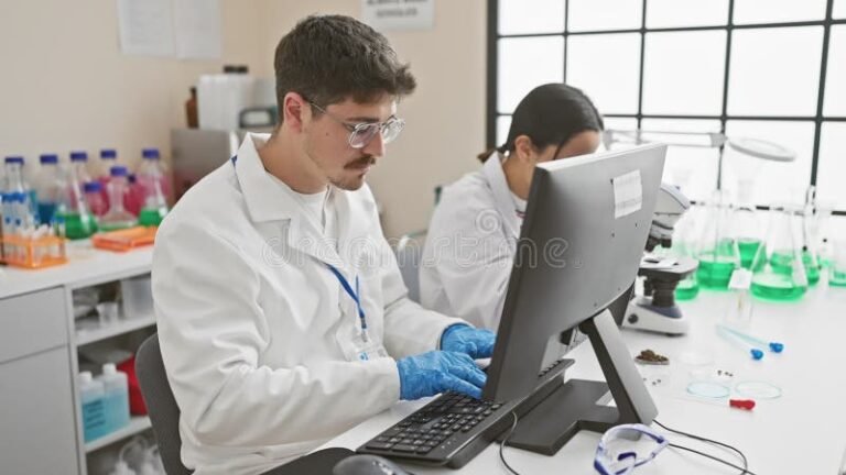 estudantes analisando dados em laboratorio moderno
