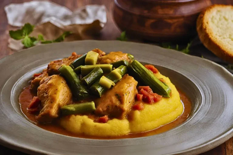 frango com quiabo e angu em prato colorido