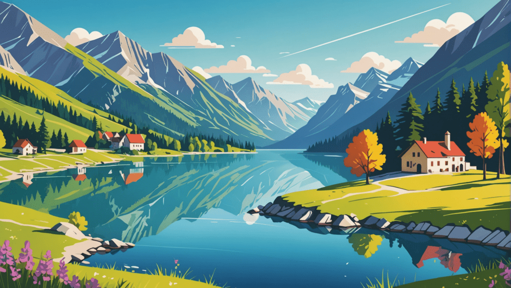 lagoa rodeada por montanhas e natureza