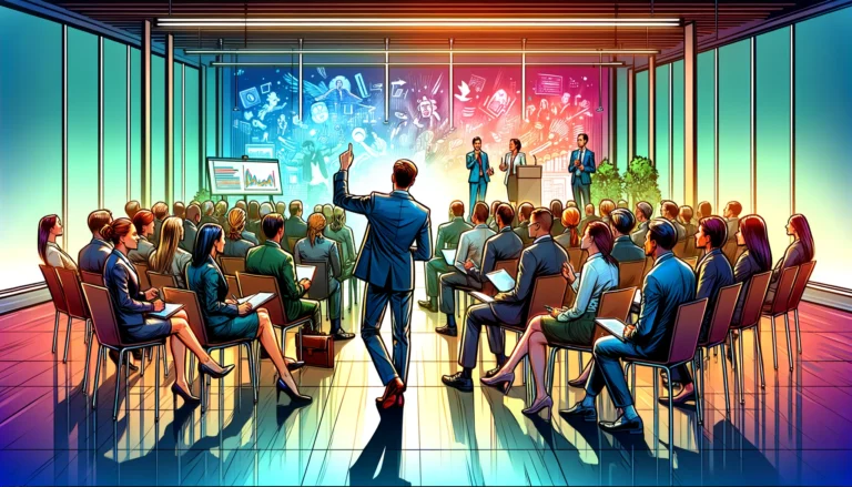 publico atento a uma apresentacao impactante