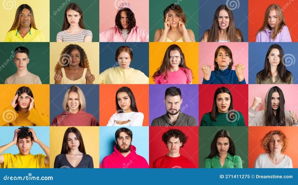 Quais são as emoções humanas como alegria, tristeza, raiva, medo e nojo 1 rosto expressando diversas emocoes humanas