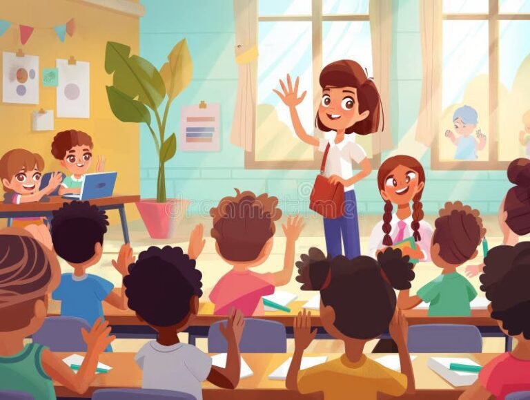 sala de aula colorida com alunos alegres