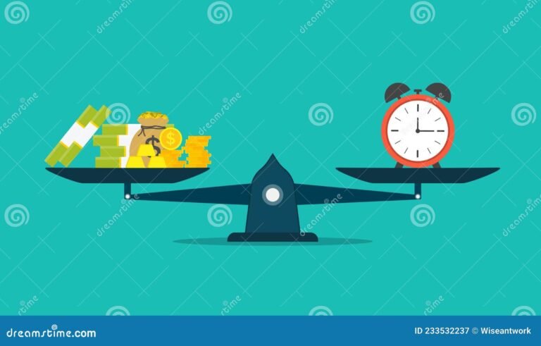 uma balanca com dinheiro e um relogio